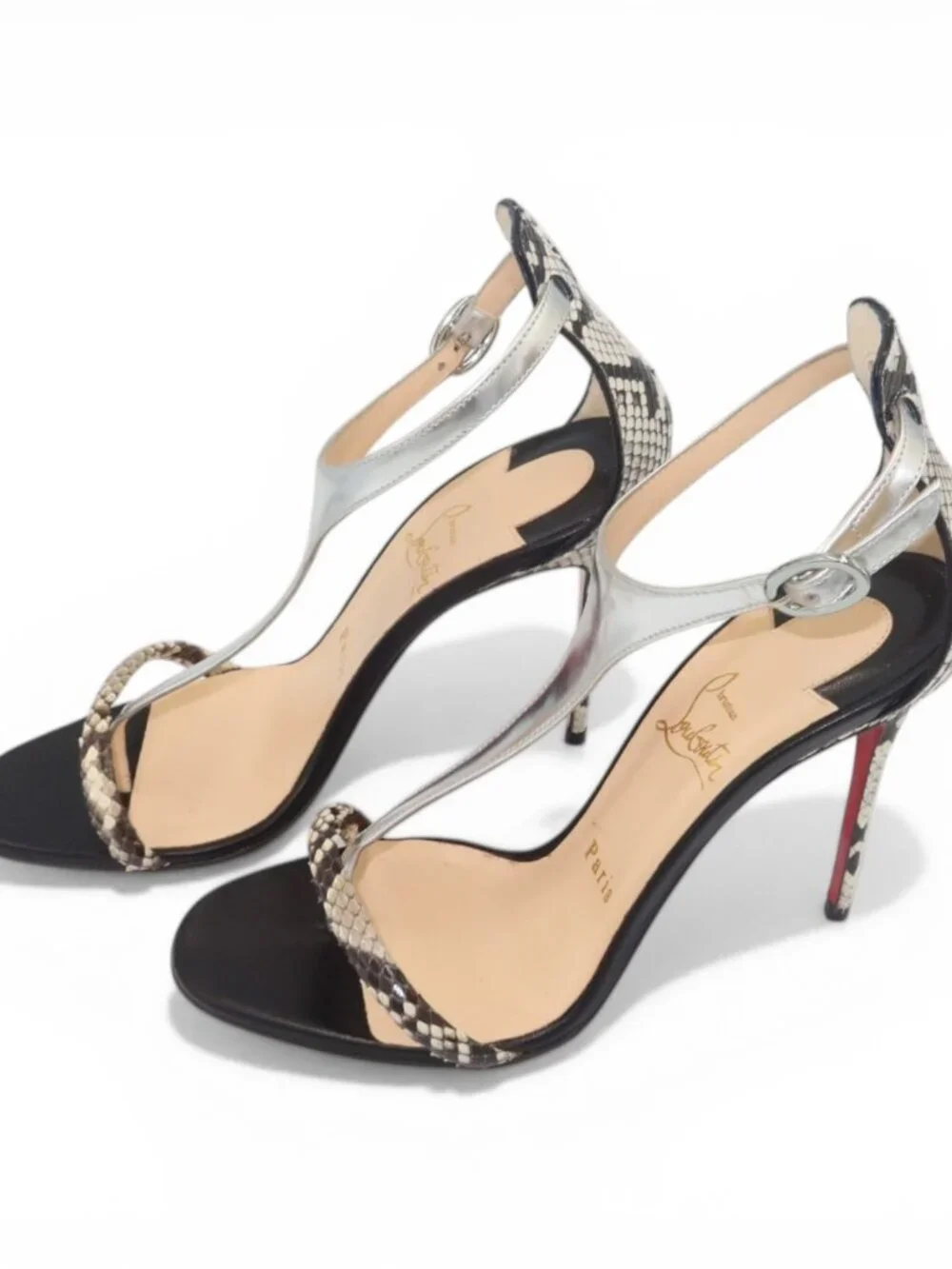 Christian Louboutin Athina Python T Strap Sandals Black Silver Size 37.5 - Picture 7 of 16